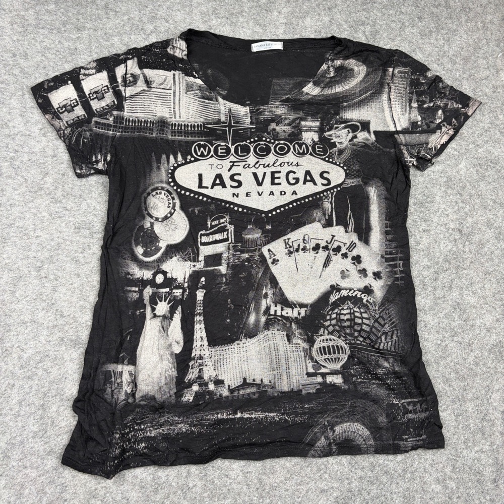 Banana Expression Las Vegas Graphic Tee Womens Large All Over Print Casino Black